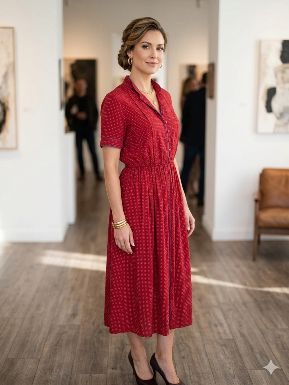 Vintage Red Polka-Dot Button-Front Midi Dress